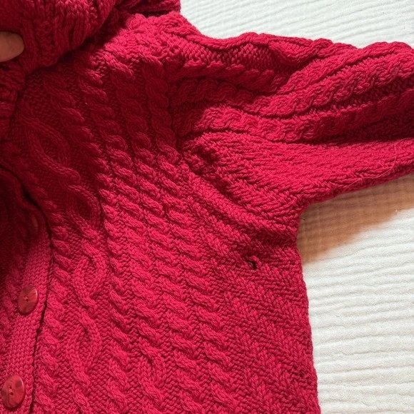 Aran Crafts Long Cardigan Sweater Womens L Red Wool Cable Knit Ireland Fisherman - Picture 16 of 16
